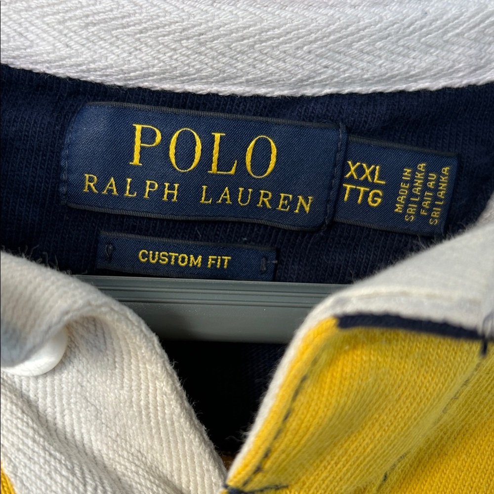 Vintage Ralph Lauren Men's Navy and Yellow Striped Shirt - Picture 2 of 9